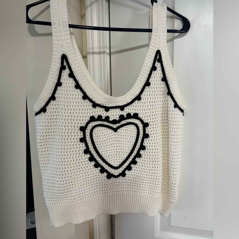 White Knit Tank Top with Black Heart Design